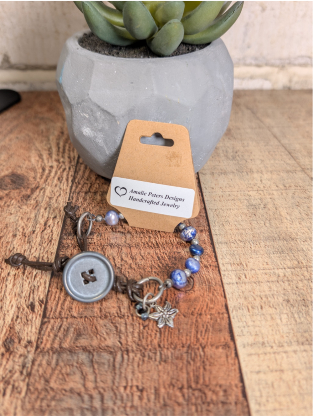 NEW Artisan Boho Blue Rustic Pearls Knotted Brown Leather Cord Button Bracelet